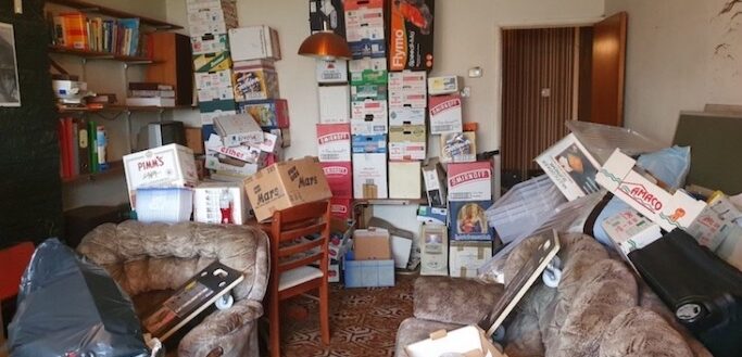 Salon très encombré en déménagement, cartons empilés et débarras les-rives-des-renards dans le tarn