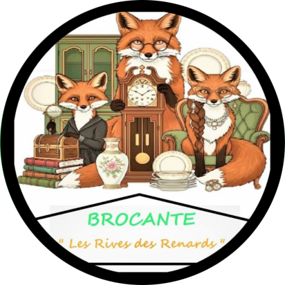 Affiche brocante les-rives-des-renards avec renards élégants et objets anciens dans le tarn