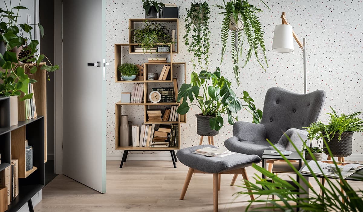 Salon cosy aux plantes vertes et fauteuil gris chez les-rives-des-renards dans le Tarn