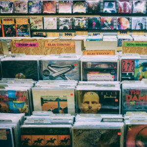Magasin de vinyles organisé par genres chez les-rives-des-renards, ambiance rétro chaleureuse dans le tarn
